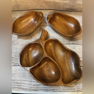Vintage teak wood Monkey Pod bowl and sectioned tray set. Good condition. Cool